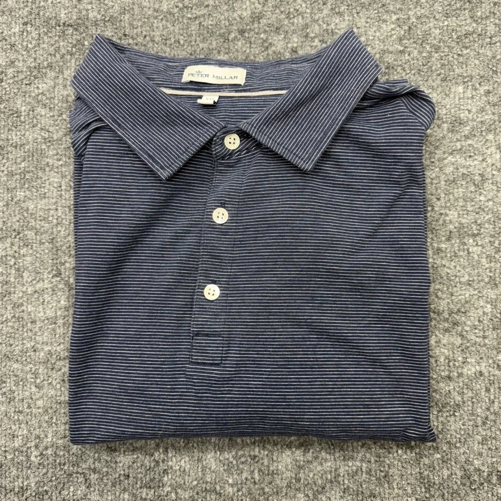 Peter Millar Mens XXL Navy Blue White Micro Stripe Pima Cotton Silk Polo Shirt - Picture 8 of 8
